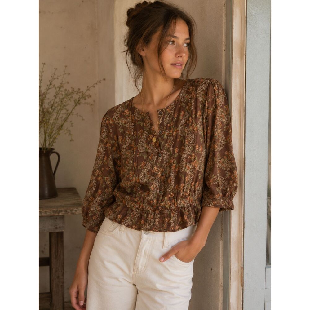 DOEN Brown Floral Button Up Shirt Top Blouse Women's Size XS - Picture 1 of 12